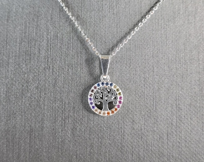 Womens Sterling Silver Multi Stone Tree Of Life Pendant Necklace 3.0g E5841