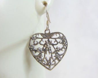 Womens Vintage Estate Sterling Silver Dangle Heart Earrings 5.2g E5713