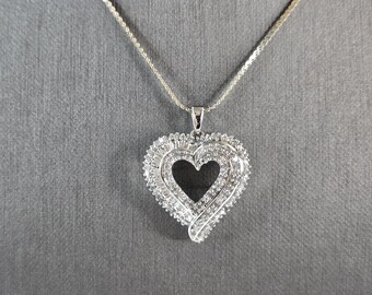 Womens Vintage Estate Sterling Silver Diamond Heart Pendant Necklace 10.3g E7295