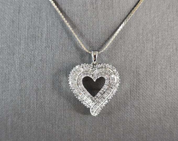 Womens Vintage Estate Sterling Silver Diamond Heart Pendant Necklace 10.3g E7295