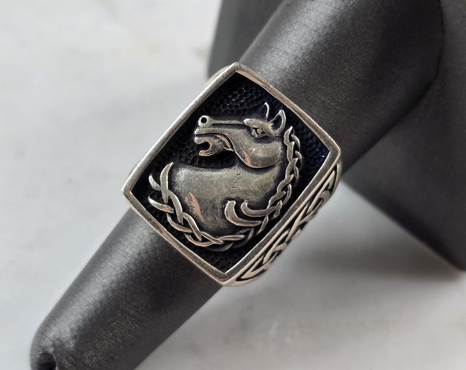 Mens Sterling Silver Celtic Knot Horse Head Ring 13.5g E3010