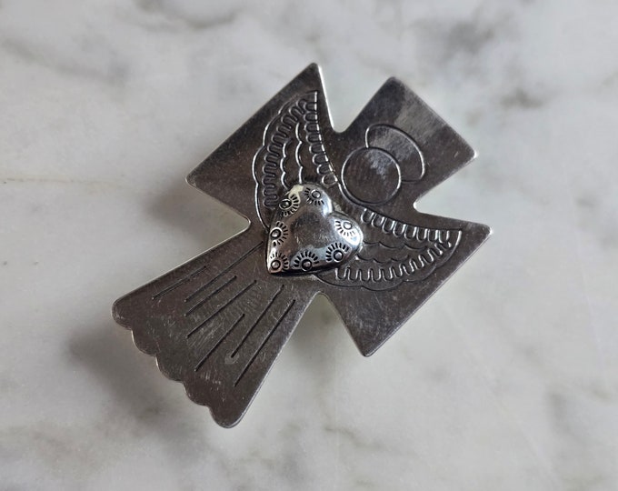 Womens Vintage Estate Sterling Silver Angel Heart Brooch 6.0g E7979