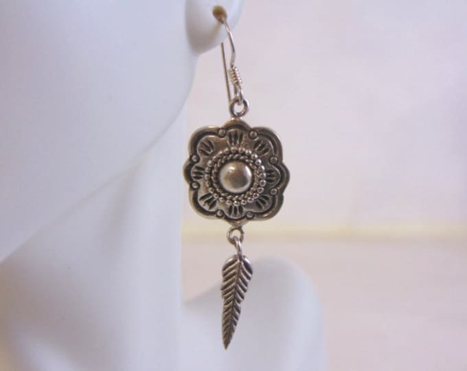 Womens Vintage Estate Sterling Silver Flower & Feather Earrings 7.1g E4311