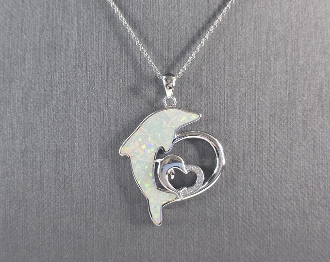 Womens Sterling Silver Opal Dolphin Pendant Necklace 8.5g E4669