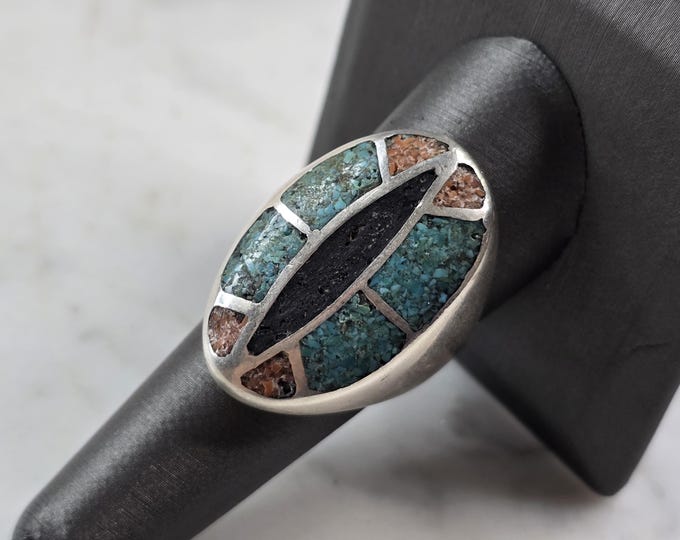 Mens Vintage Sterling Silver Southwestern Turquoise Coral Ring 30.7g E5555