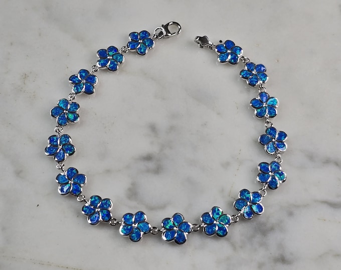 Womens Sterling Silver Blue Opal Floral Bracelet 9.6g E4185
