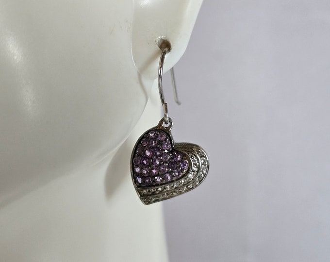 Womens Vintage Estate Sterling Silver Amethyst Heart Dangle Earrings, 3.9g E7651