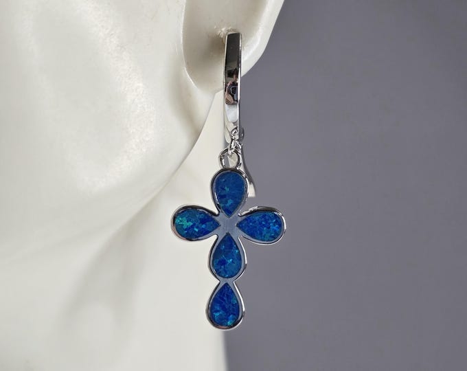 Womens Sterling Silver Blue Opal Cross Earrings 5.6g E3161