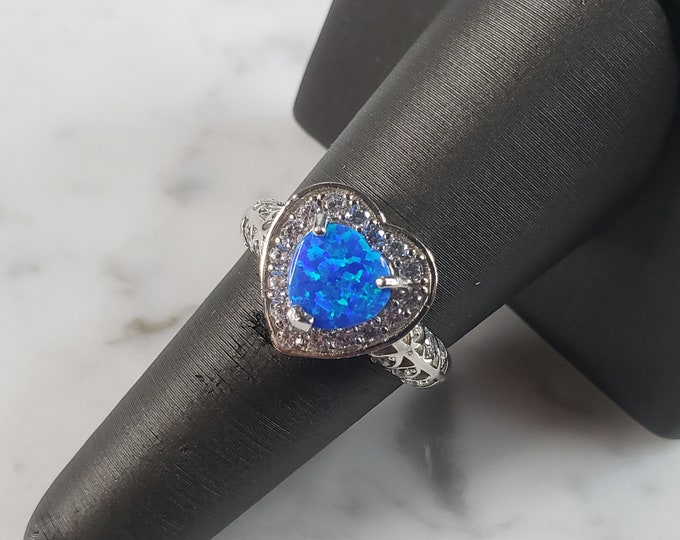 Womens Estate Sterling Silver Modernist Blue Opal & CZ Heart Ring 3.7g E1414