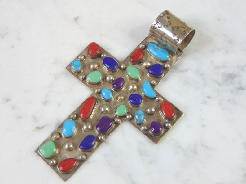 Womens Vintage Estate Sterling Silver Multi-Stone Cross Pendant 53.3g E2732