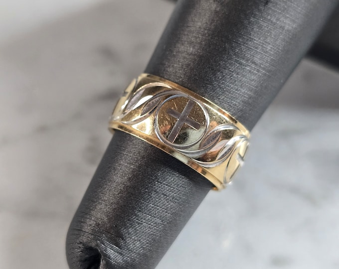 Womens Vintage Estate 14K Yellow Gold Religious Cross FG Ring 5.4g E6058