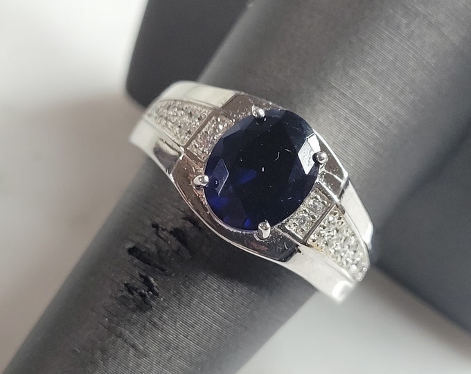 Mens Estate Sterling Silver Modernist Sapphire Ring 9.7g E6230