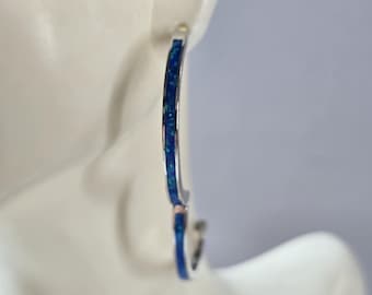 Womens Sterling Silver Modernist Blue Opal Hoop Earrings 9.1g E1686