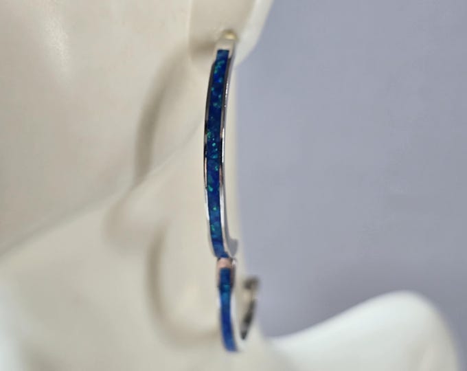 Womens Sterling Silver Modernist Blue Opal Hoop Earrings 9.1g E1686