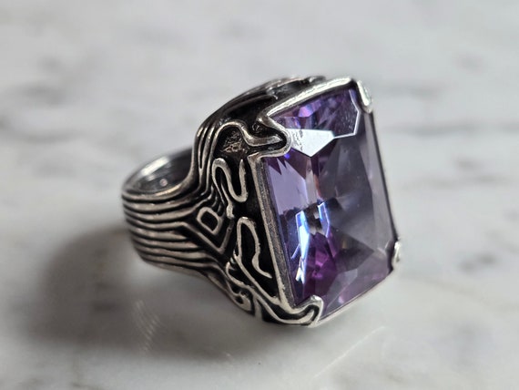 Bague Vintage Design En Argent Massif Avec Améthyste Taille Baguette - Taille 50