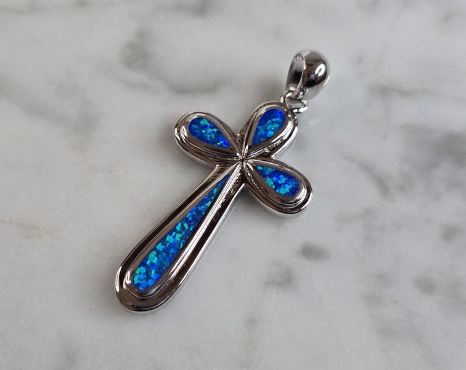 Womens Sterling Silver Blue Opal Religious Cross Pendant 4.1g E4461