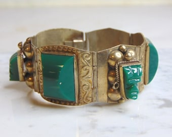 Womens Vintage Estate Sterling Silver Aventurine Stone Bracelet 68.8g E5036