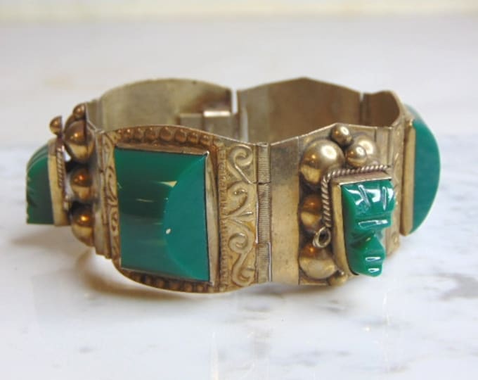 Womens Vintage Estate Sterling Silver Aventurine Stone Bracelet 68.8g E5036