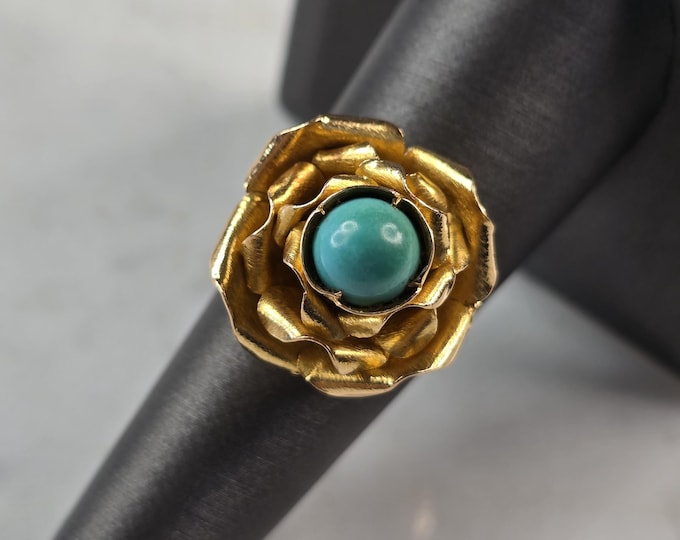 Womens Vintage Estate 18K Gold Flower Turquoise Ring, 8.1g E917