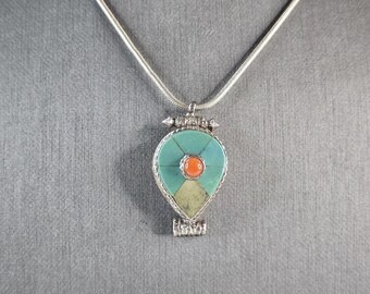 Womens Vintage Sterling Silver Southwest Turquoise Pendant Necklace 15.5g E518