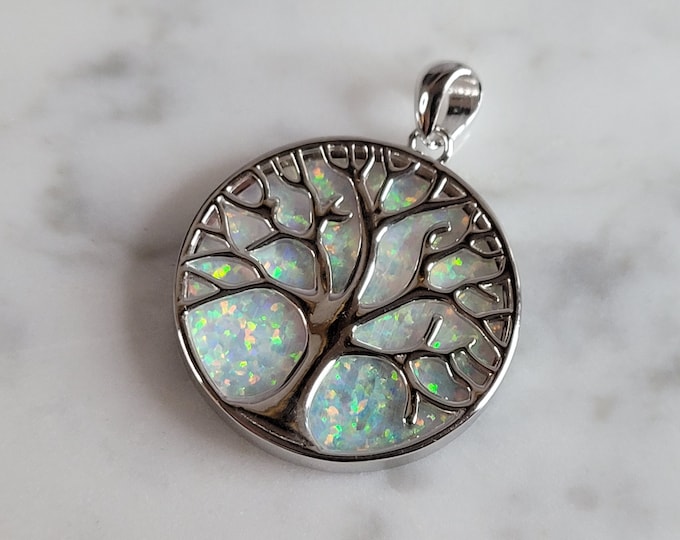 Womens Sterling Silver Opal Tree of Life Pendant 6.2g E6003