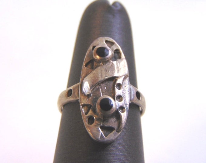 Womens Vintage Estate Sterling Silver Modern Abstract Onyx ? Ring 5.0g E2090