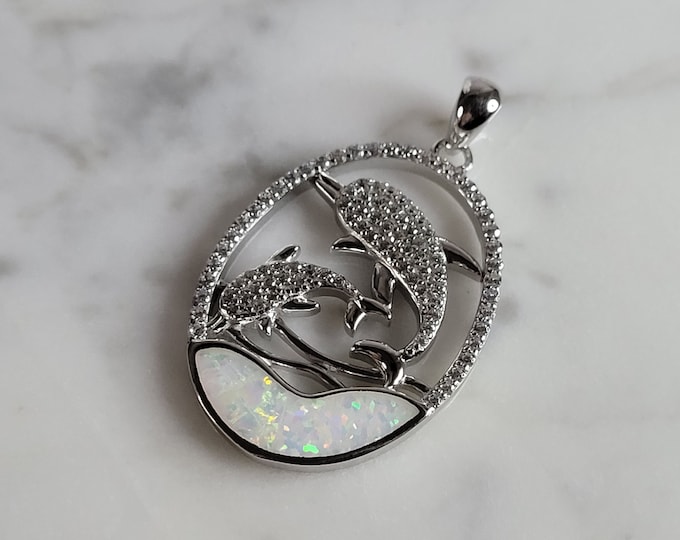 Womens Sterling Silver Opal Dolphin Pendant 5.2g E2883