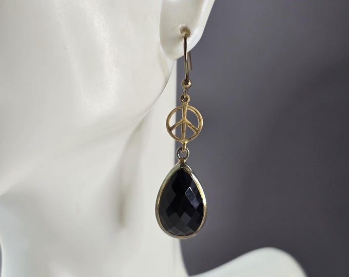 Womens Estate Sterling Silver Gold Tone Onyx Peace Earrings 6.0g E1972
