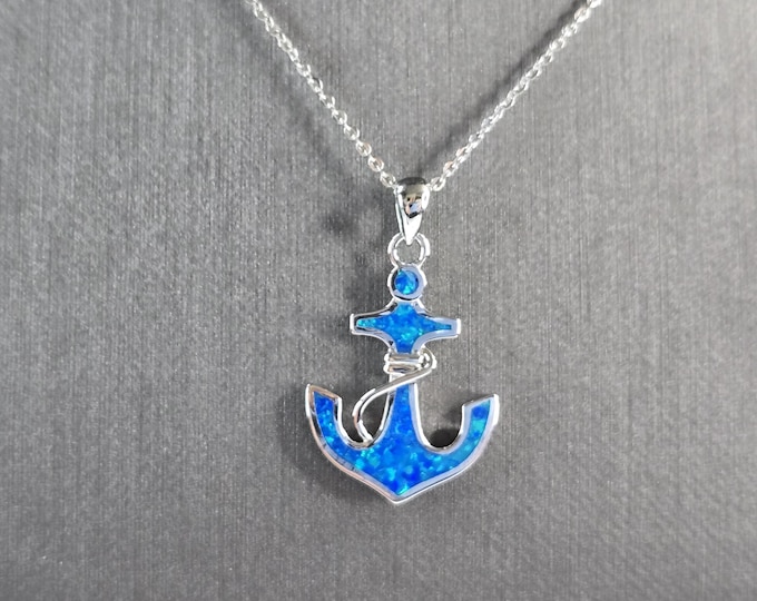 Womens Sterling Silver Blue Opal Maritime Anchor Pendant Necklace 4.5g E3304