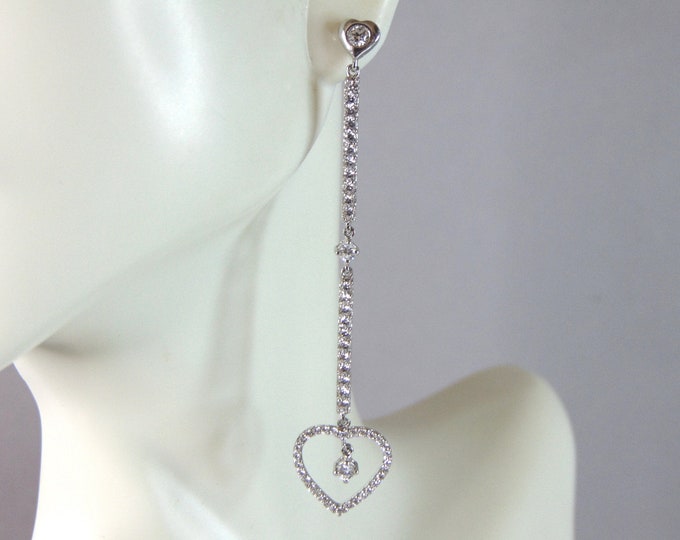 Womens Vintage Estate Sterling Silver CZ Dangle Heart Earrings 4.1g E5161