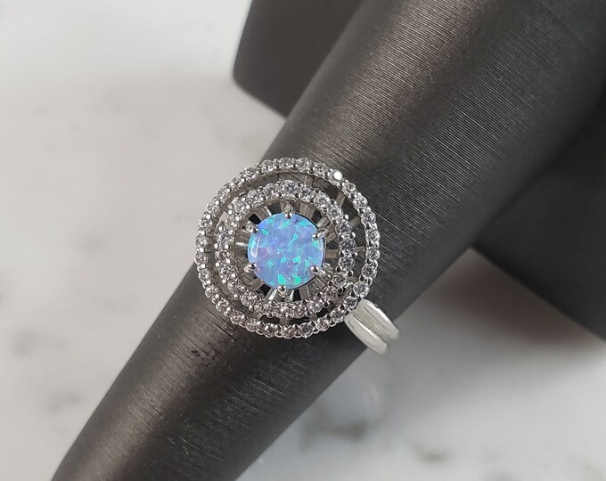 Womens Estate Sterling Silver Modernist Blue Opal & CZ Ring 4.1g E5077