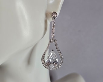 Womens Vintage Estate Sterling Silver CZ Dangle Earrings 9.3g E7655