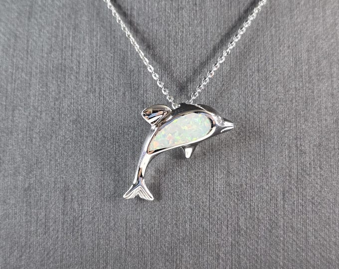 Womens Sterling Silver Opal Dolphin Pendant Necklace 4.3g E3657
