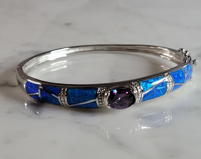Womens Sterling Silver Modernist Blue Opal Bangle Bracelet 19.1g E2401