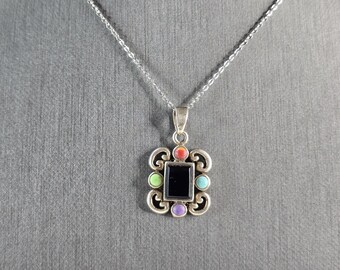 Womens Vintage Estate Sterling Silver Onyx Pendant Necklace 5.9g E6641