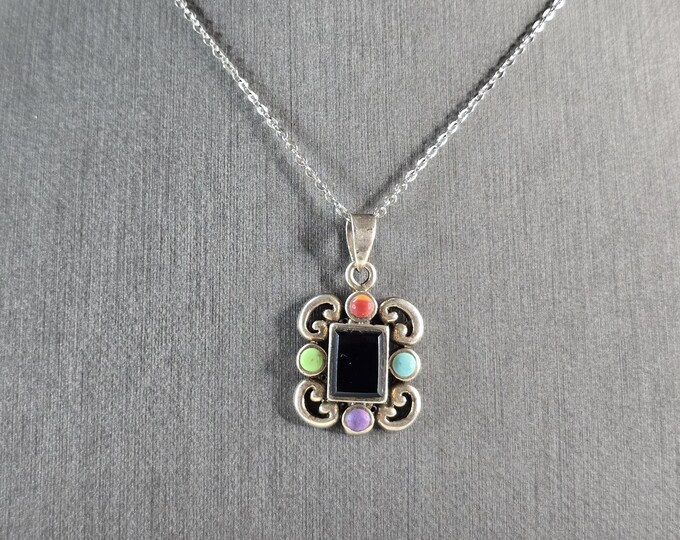 Womens Vintage Estate Sterling Silver Onyx Pendant Necklace 5.9g E6641