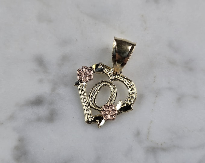 Womens 10K Yellow & Rose Gold Initial Letter " Q "  Heart Pendant 0.9g E3825