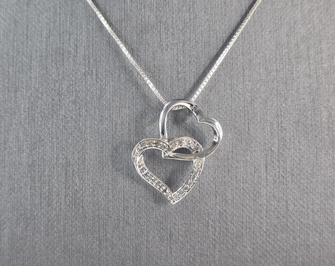 Womens Vintage Estate Sterling Silver Diamond Heart Pendant Necklace 3.6g E4620