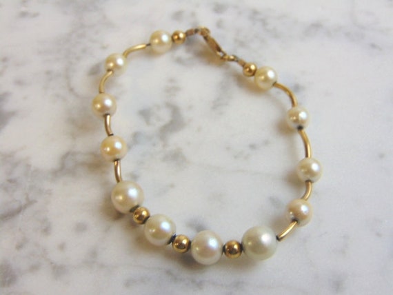 Womens Vintage Estate 10K Gold Pearl Bracelet 10.… - image 1