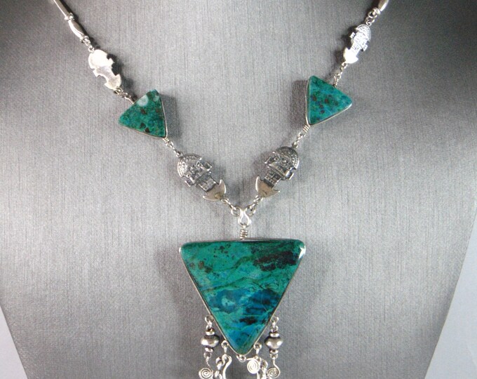 Womens Vintage Estate Sterling Silver Chrysocolla Mayan Necklace 36.1g E6305