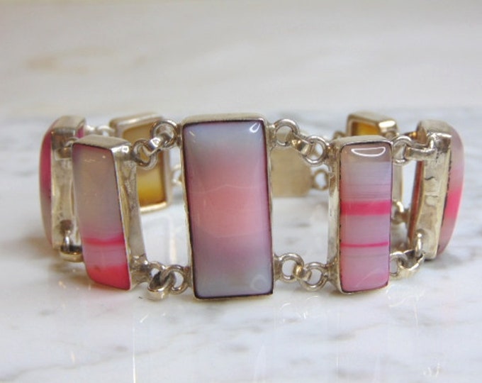 Womens Vintage Estate Sterling Silver Agate Bracelet 49.2g E4972