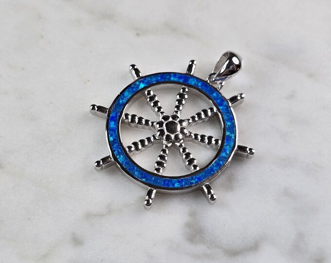 Womens Sterling Silver Blue Opal Maritime Ship Wheel Pendant 4.5g E3882