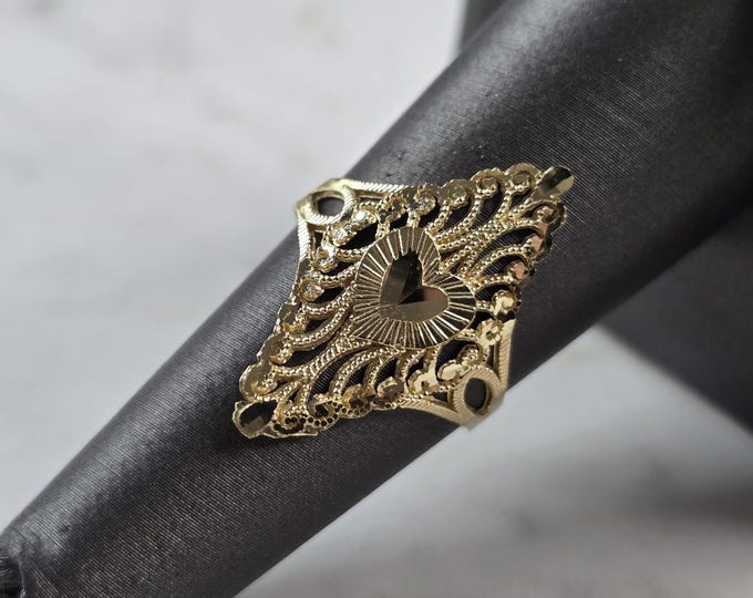 Womens 10K Yellow Gold Modernist Filigree Heart Ring 1.7g E1964