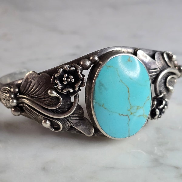 Womens Vintage Estate Sterling Silver Southwestern Turquoise Cuff Bracelet 39.7g E7524