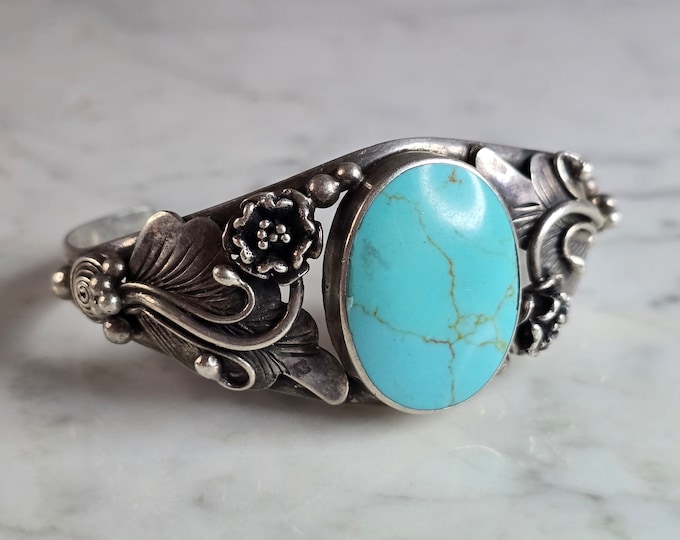 Womens Vintage Estate Sterling Silver Southwestern Turquoise Cuff Bracelet 39.7g E7524