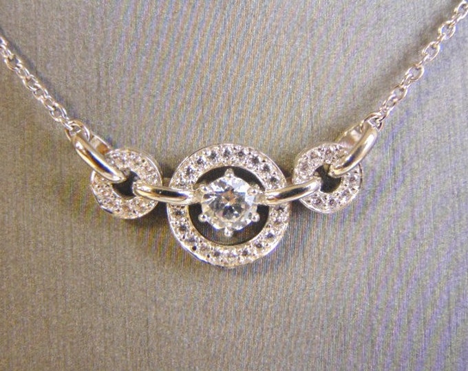 Womens Vintage Estate Sterling Silver CZ Stones Pendant W/ Necklace 5.2g E4515