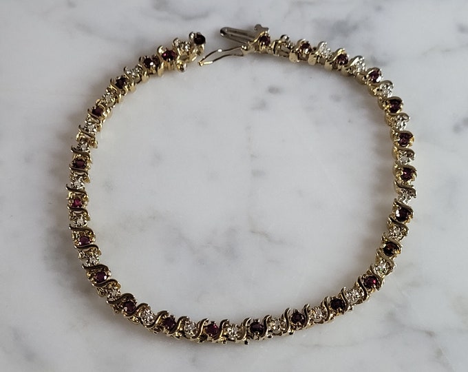 Vintage Estate 14k Gold Diamond & Amethyst Tennis Bracelet 10.8g #E6779