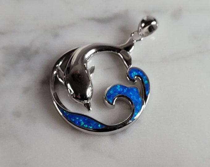 Womens Sterling Silver Blue Opal Dolphin Pendant 7.1g E2866