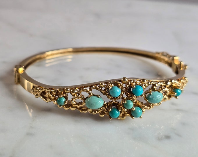 Womens Vintage Estate 14K Yellow Gold Turquoise Bangle Bracelet 17.2g E7379