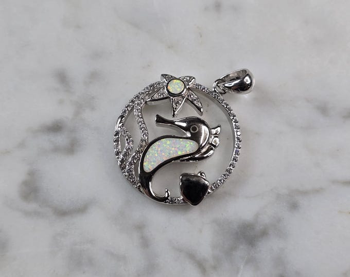 Womens Sterling Silver Opal Seahorse Pendant Necklace 4.4g E5813